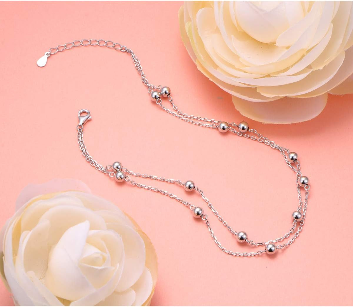 Anklet for Women S925 Sterling Silver Adjustable Foot Beaded Heart Charm Ankle Bracelet Anklets Jewelry