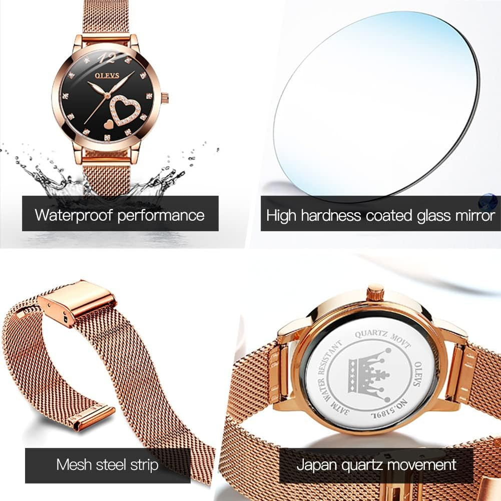 Womens Watch Gifts Set with Bracelet Rose Gold for Lady Female Minimalist Simple Slim Thin Casual Dress Analog Quartz Wrist Watches Waterproof Two Tone