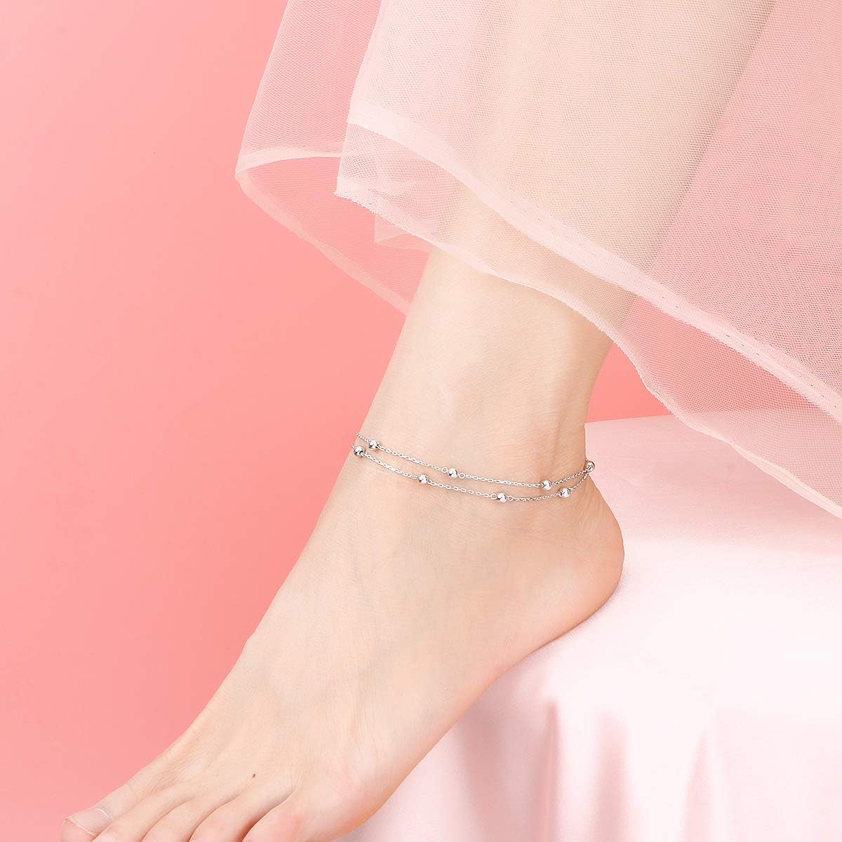 Anklet for Women S925 Sterling Silver Adjustable Foot Beaded Heart Charm Ankle Bracelet Anklets Jewelry