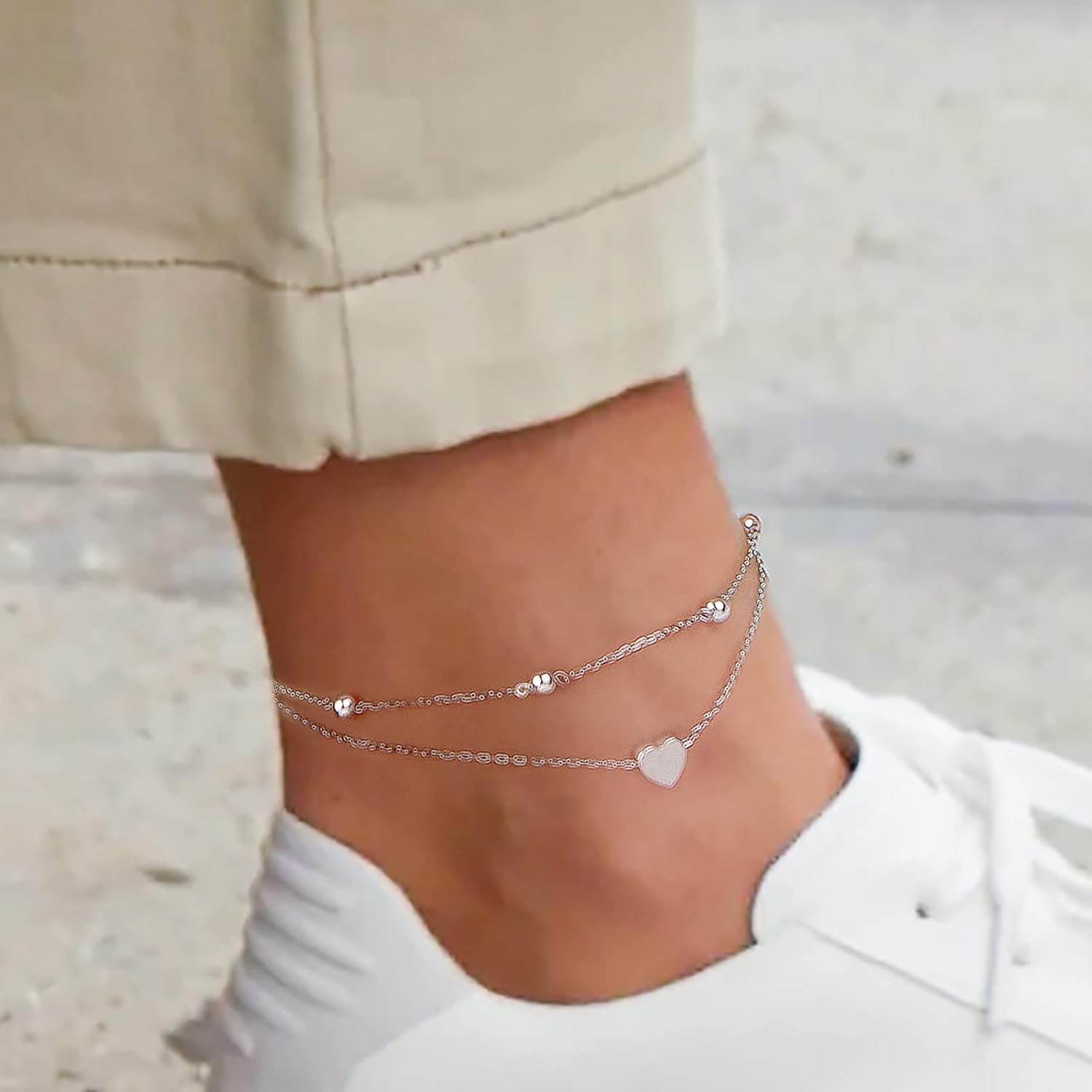 Anklet for Women S925 Sterling Silver Adjustable Foot Beaded Heart Charm Ankle Bracelet Anklets Jewelry