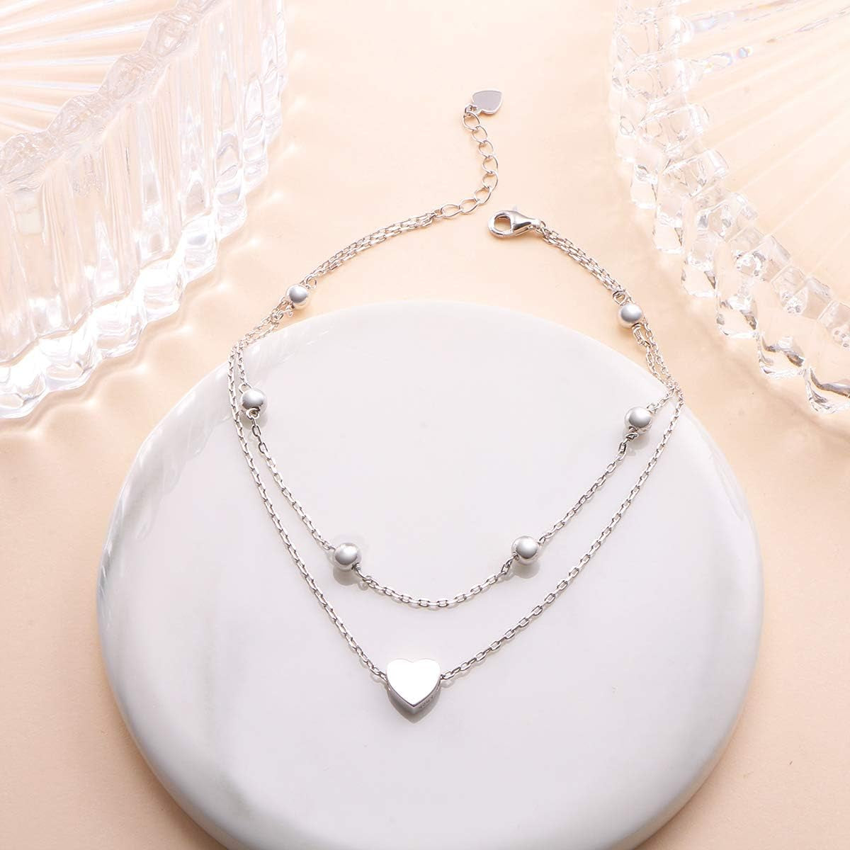 Anklet for Women S925 Sterling Silver Adjustable Foot Beaded Heart Charm Ankle Bracelet Anklets Jewelry