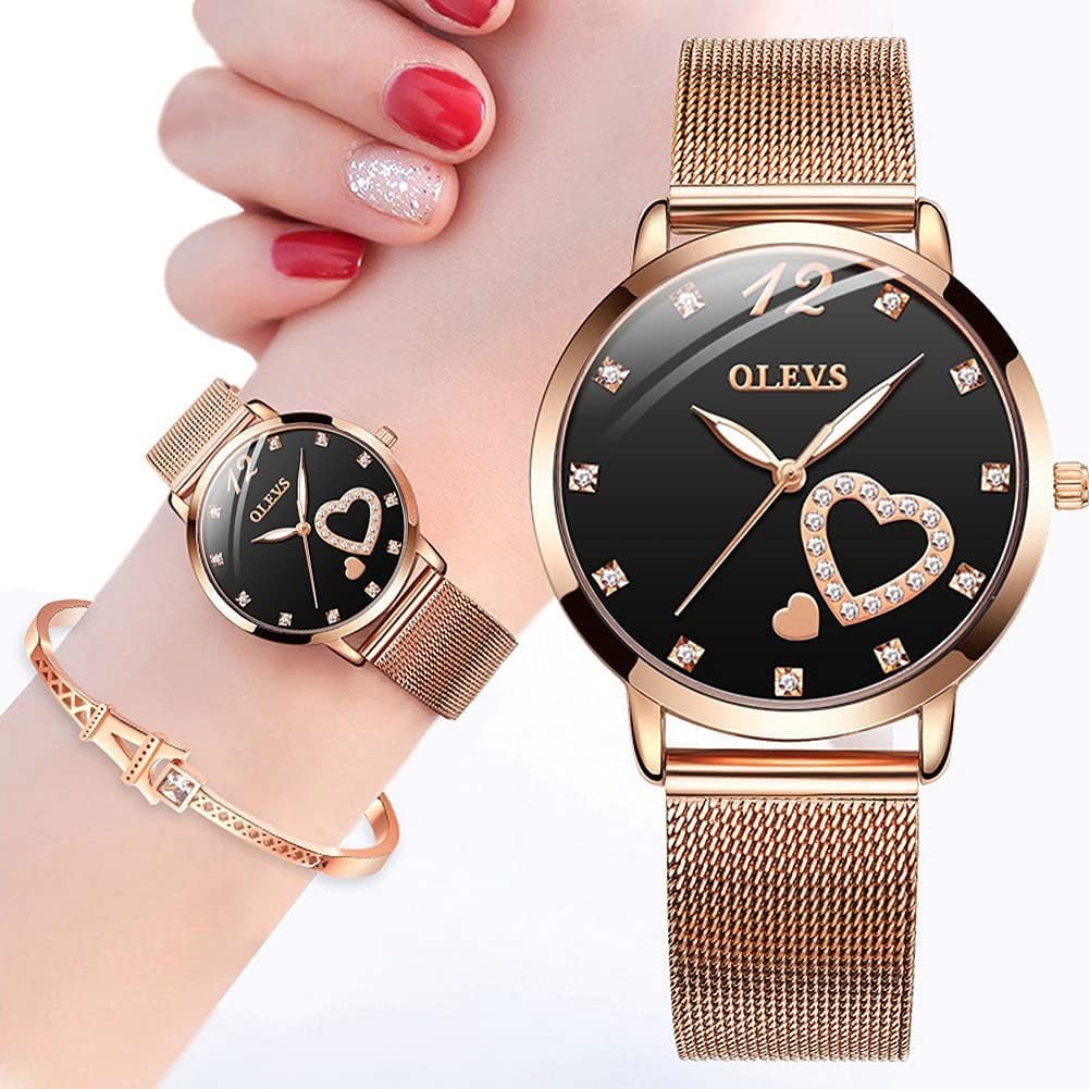 Womens Watch Gifts Set with Bracelet Rose Gold for Lady Female Minimalist Simple Slim Thin Casual Dress Analog Quartz Wrist Watches Waterproof Two Tone