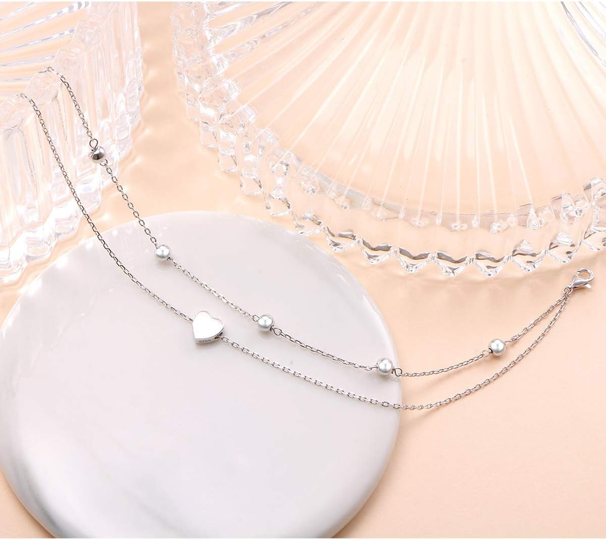 Anklet for Women S925 Sterling Silver Adjustable Foot Beaded Heart Charm Ankle Bracelet Anklets Jewelry