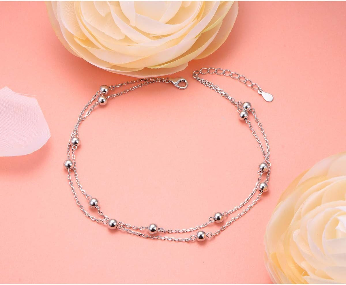 Anklet for Women S925 Sterling Silver Adjustable Foot Beaded Heart Charm Ankle Bracelet Anklets Jewelry